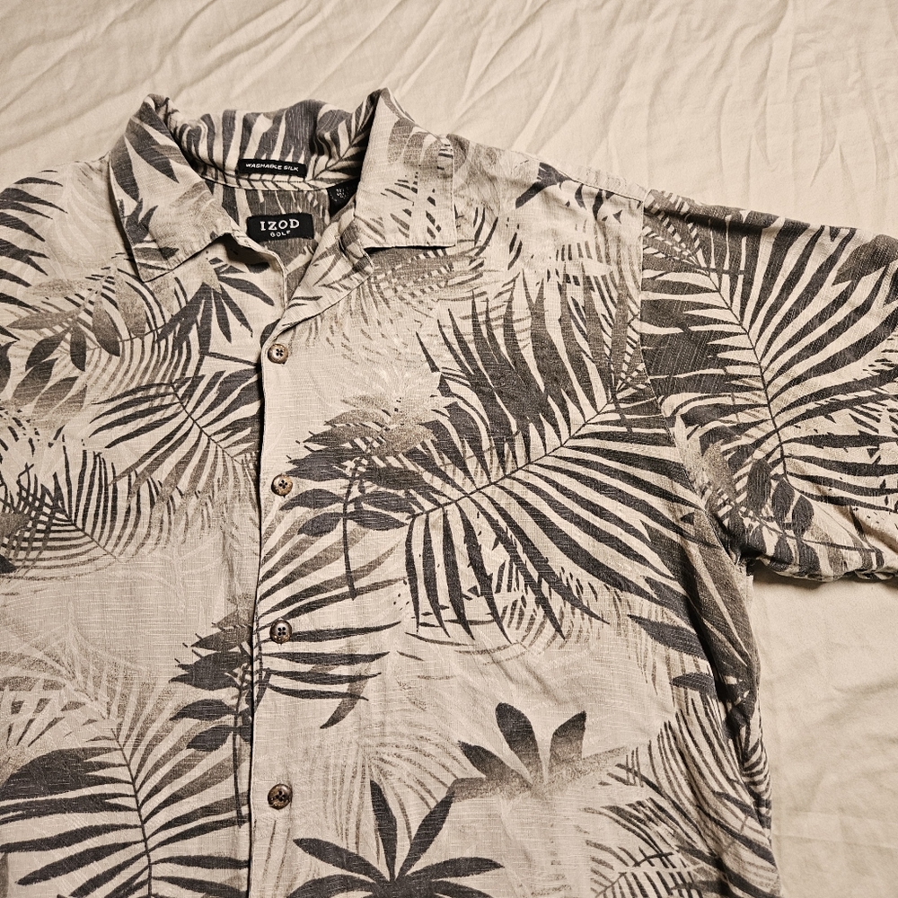 IZOD Golf Men's Large Shirt Silk Linen Blend Tropical‎ Palm Leaf Hawaiian Camp L